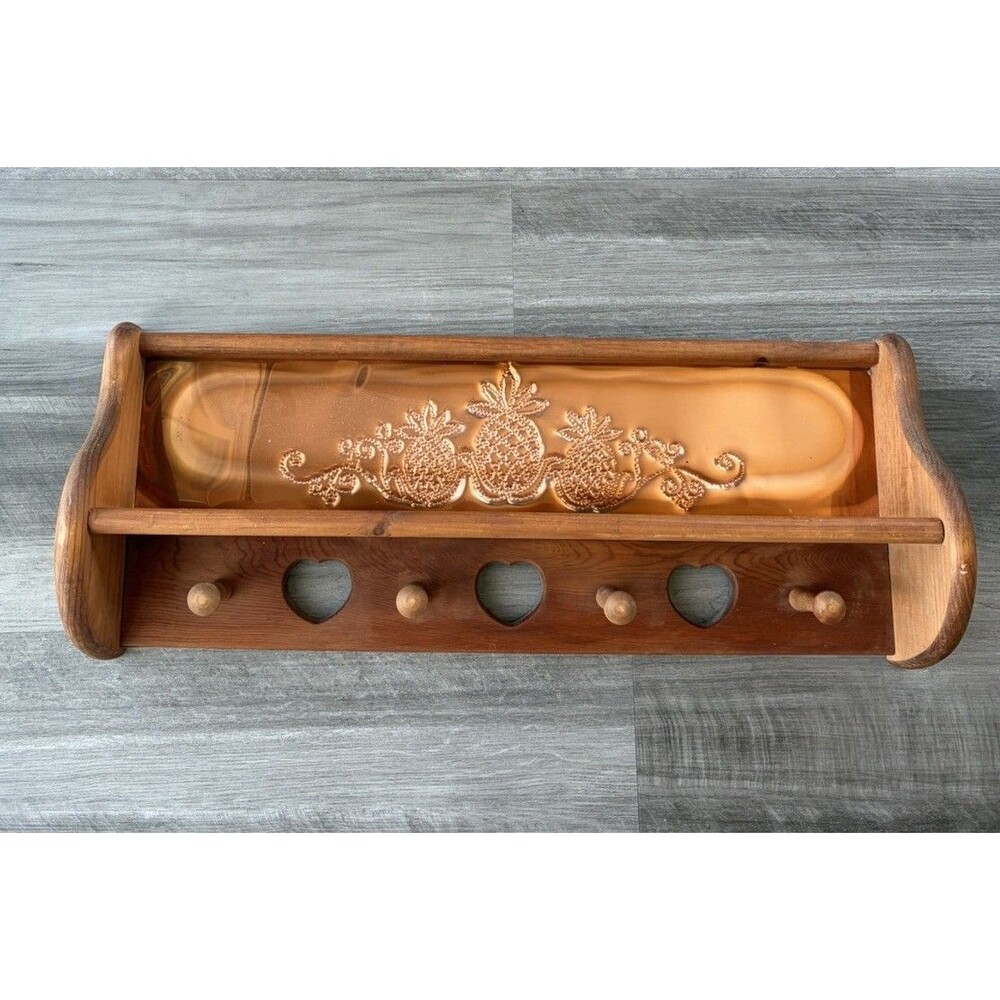 Vtg HOMCO Pine Wall Shelf Punched Copper Pineapple Design Heart Peg Rack 24”
